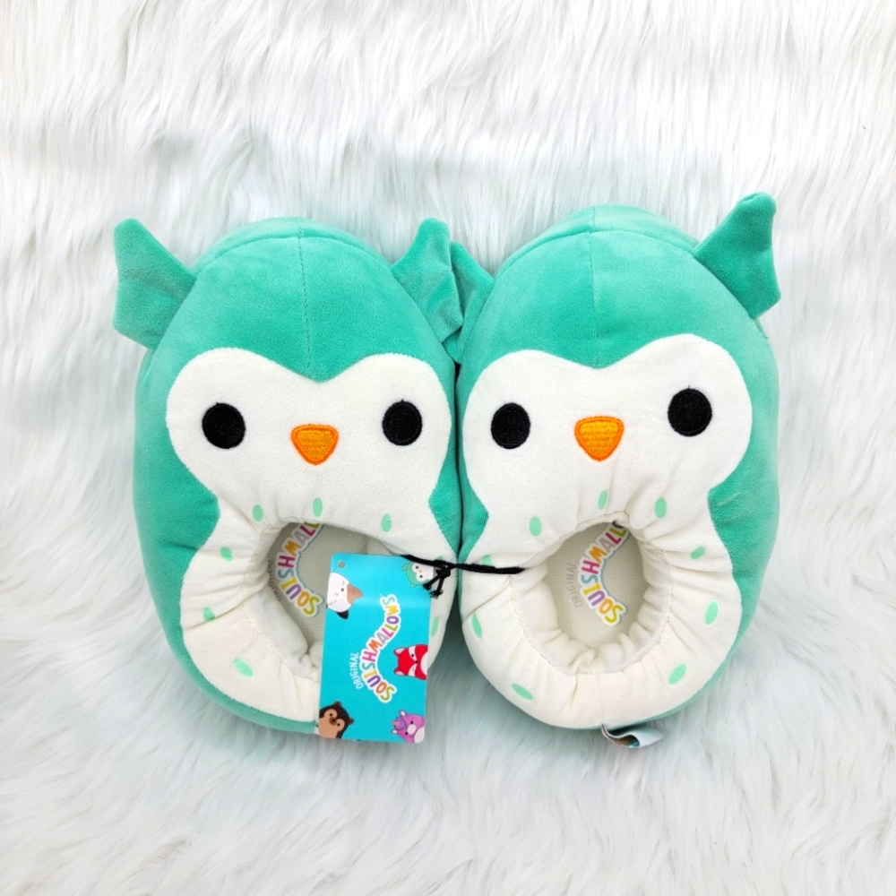 Squishmallows Winston the owl plush slippers.